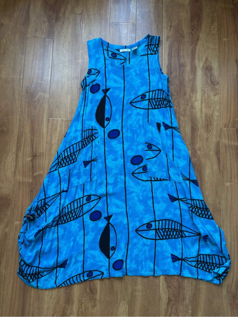 Vintage Bright Blue Sleeveless Maxi Dress with Fish Print - Picture 4 of 11